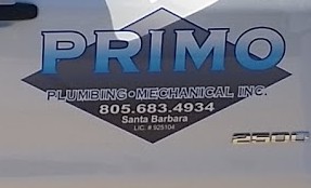 The Primo Plumbing Mechanical logo on a truck door, with the phone number and license number 925104.